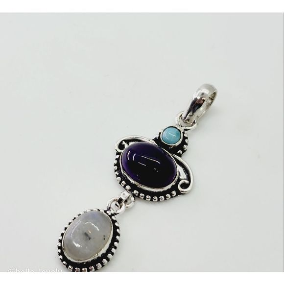 Rainbow Moonstone Larimar Amethyst 925 Silver Plated Long Pendant 2.6" - Picture 4 of 5